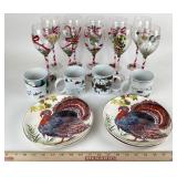 Block Basics Wine Glasses, Holiday Mugs, Turkey Pl