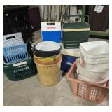 Igloo Coolers (3) And Plastic Baskets & Buckets