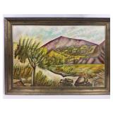 Mid Century Naive Acrylic On Board Landscape,