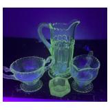 Uranium Glass Pitcher, Sugar Bowl, Creamer