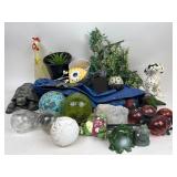 Garden Decor With Glass Orbs, Figurines, Fake Plan