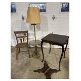 Wood Dining Chair, floor lamp, table