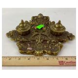 Brass ornate inkwell, missing one cup, foot
