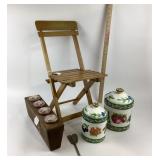 Wooden Folding Chair, Jay Import Canisters, Candle