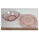 Pink Depression Glass Bowl & Square Plate