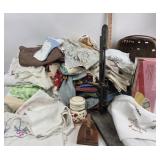 Double handle basket, embroidered runners,