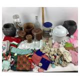 Ceramic Pots, Fabric Pieces, Glass Bottles