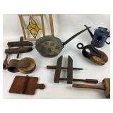 Wooden Pulleys, Iron Skillet, Stained Glass, Woode