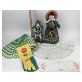 Folk Art Doll, Ceramic Tea Light Cottage, Garden G