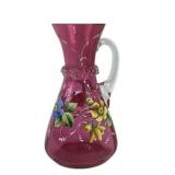 Cranberry Glass Pitcher With Enamel Floral Design