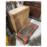 Wood garage creeper, cabinet.