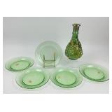 Carnival Glass Vase, Green Depression Glass Plates