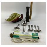 Hull Pottery Leaf Dish, Silverplate Utensils