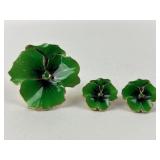 Enameled Green Pansy pin and matching clip on