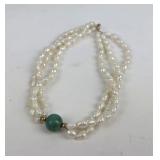14k Stamped Pearl like bracelet with green bead