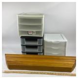 Plastic Storage Drawers, Wooden Shelf
