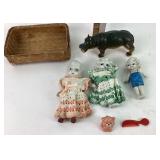 Bisque Dolls, Painted Hippo Figurine, Accessories