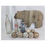 Coca-Cola Bottle, Baseballs, Avon Stein, Wood Bear