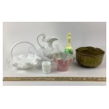 Milk Glass Bride Basket, Hull, UP Ceramics, Ruffle