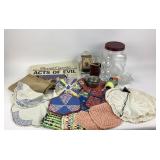 Crocheted Textiles, Glassware, Kitchen Items, Meas