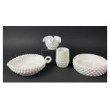 Hobnail Milk Glass Bowls, Vase, cup