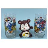 Vintage Care Bear Coin Bank & 1983 Smurf Glasses: