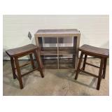 2 wood stools, pressed wood shelf