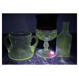 Uranium Ruby Stained Goblet, Glass Creamer, Apothe