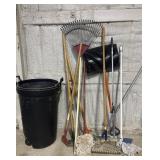 Garden tools, shovel, mops, trash can