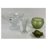 Footed Crystal Bowl, Vases, Green glass, & green