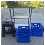 Metal industrial cart, compact step stool, & 2