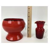 Red Glass Pedestal Vase & Hand-Blown Miniature Pit