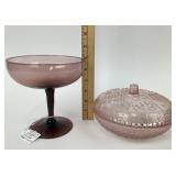 Amethyst Glass Compote & Pink Lidded Fruit Dish