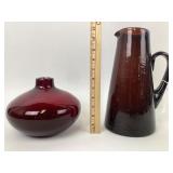 Red Round Vase & Amber Art Glass Pitcher