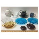 Hull Green Glazed Pitcher, Blue Glass Presidential