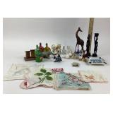 Ceramic Figurines, Glass Bottles, Handkerchiefs, A