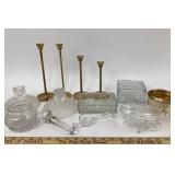 Brass Candlesticks, Glass Pestle, Etched Crystal &