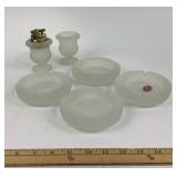Tiara Frosted Glass Ashtrays Lighter Vase Set
