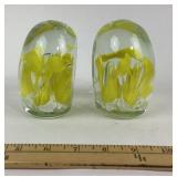 Glass Paperweight Bookends With Yellow Floral Desi