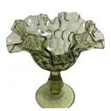Fenton Ruffled Avocado Green Pedestal Compote Dish