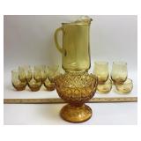 Amber Glass Pitcher, Glasses & Fenton Olde Virgini
