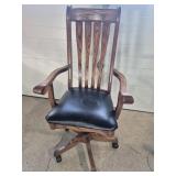 Wood Desk Chair With Leather Seat & Wheels