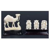 (2) antique carved figurines camel & 3 monkeys