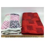Red Quilt, Pink And White Crochet Throw