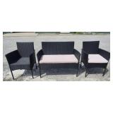 Black Rattan Bench & 2 Chairs With Seat Cushions