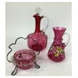 Cranberry glass preserve dish with silver plate