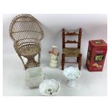 Wicker Chair, Porcelain Figures, Ritz Tin