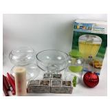 Glass Bowls, Beverage Dispenser, Candles