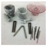 Marble Mortar And Pestles, Pink Glass Compote, Too