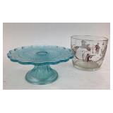 Blue Glass Cake Stand & Pheasant Gold Trimmed